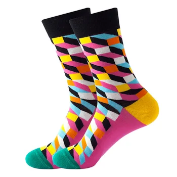 Geometrik Kafes Çorap Vakıf Pamuklu Uzun Çorap Bahar Sonbahar Uyluk yüksek çorap Erkekler Moda Unisex komik çoraplar Artı Boyutu 4