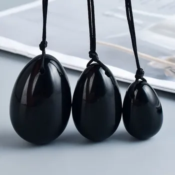 FYJS Benzersiz Toptan 3 Adet Oval Şekil Siyah obsidiyen taş Kolye Halat Zincir Kolye Kadınlar Takı ıçin