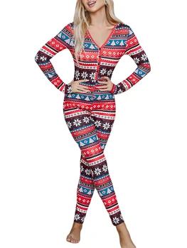 Kadınlar Noel Şerit Seksi Bodycon Tulum Pijama Bodysuit Tulum Uzun Kollu Derin V Boyun Leotard Tulum