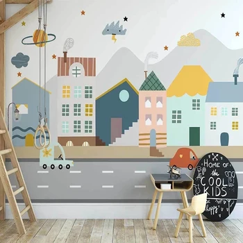 Özel 3D Duvar Kağıdı İskandinav El Boyalı Karikatür Kasaba Araba Duvar çocuk Yatak Odası Arka Plan Dekor duvar tablosu Papel De Parede