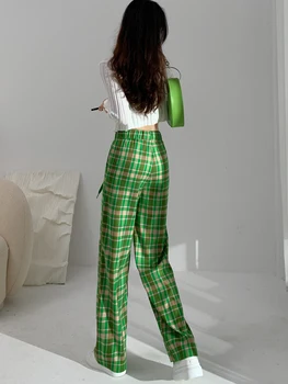 Yeşil Ekose dökümlü pantolon Kadın Streetwear Yüksek Bel Elastik Gevşek Geniş Bacak Pantolon Kadın Pantolon 2022 Yeni 1
