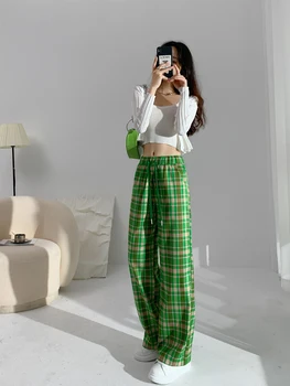 Yeşil Ekose dökümlü pantolon Kadın Streetwear Yüksek Bel Elastik Gevşek Geniş Bacak Pantolon Kadın Pantolon 2022 Yeni 2