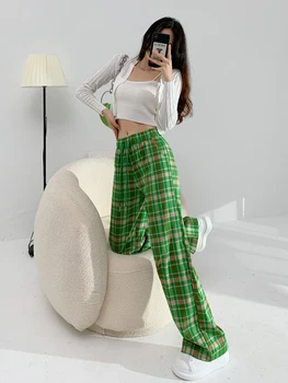 Yeşil Ekose dökümlü pantolon Kadın Streetwear Yüksek Bel Elastik Gevşek Geniş Bacak Pantolon Kadın Pantolon 2022 Yeni 4