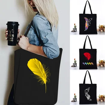 Kadın omuzdan askili çanta kanvas çanta Harajuku Alışveriş Çantaları 2020 Yeni Moda Rahat Çanta Bakkal Tote Kızlar Tüy Baskı