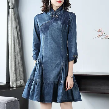 Kadın Denim Elbise Yarım Kollu Kovboy A-line Ruffled Standı Yaka Vintage Kısa Mini Kot Rahat Boho Pamuk Elbise Mavi 2