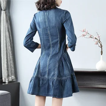Kadın Denim Elbise Yarım Kollu Kovboy A-line Ruffled Standı Yaka Vintage Kısa Mini Kot Rahat Boho Pamuk Elbise Mavi 3