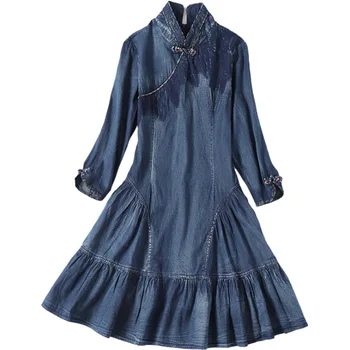 Kadın Denim Elbise Yarım Kollu Kovboy A-line Ruffled Standı Yaka Vintage Kısa Mini Kot Rahat Boho Pamuk Elbise Mavi 4