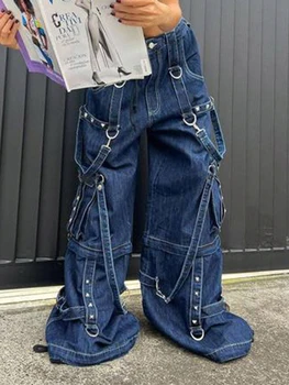 Kadın Estetik Kot kore Vintage 90s Bol Streetwear Pantolon Şık kot Punk Metal Mavi  1