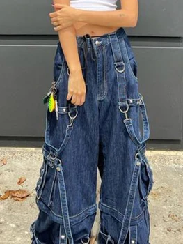 Kadın Estetik Kot kore Vintage 90s Bol Streetwear Pantolon Şık kot Punk Metal Mavi  2