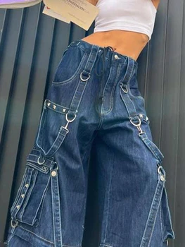 Kadın Estetik Kot kore Vintage 90s Bol Streetwear Pantolon Şık kot Punk Metal Mavi  3