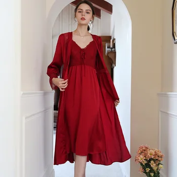 Kadın Seksi İki Parçalı Set Askı Gecelik Uzun Kollu İnce Dantel Yaz Gecelik Kırmızı Elbise Setleri Yüksek Anlamda gece elbisesi 2 adet