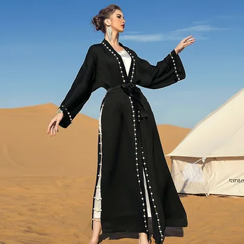 Siyah Vintage kadın Elbise Bahar 2022 İnci Fas Kaftan Kemer Açık Abaya Ramazan Müslüman Gevşek Elbise Uzun Kollu Hırka XXL 2