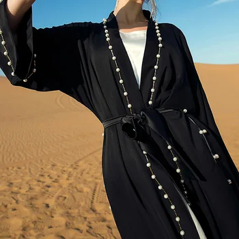 Siyah Vintage kadın Elbise Bahar 2022 İnci Fas Kaftan Kemer Açık Abaya Ramazan Müslüman Gevşek Elbise Uzun Kollu Hırka XXL 3