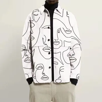 Moda Ceketler Erkekler Vintage Desen Baskı Uzun Kollu Turn-aşağı Yaka Düğmesi Mont Erkek Sonbahar Kış Giyim Rahat Giyim 0