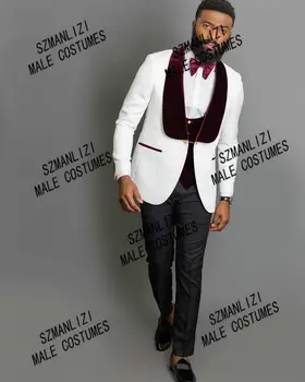 2021 Beyaz Çiçek Ceket Erkek Takım Elbise Slim Fit Düğün Smokin Bordo Kadife Yaka Damat Parti Takım Elbise Kostüm Homme En İyi Erkek Blazer