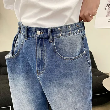 Kanca Ayarlanabilir Bel Kot Erkekler Kore Streetwear Moda Bağbozumu Rahat Gevşek Geniş Bacak Banliyö Denim Pantolon Jean Pantolon
