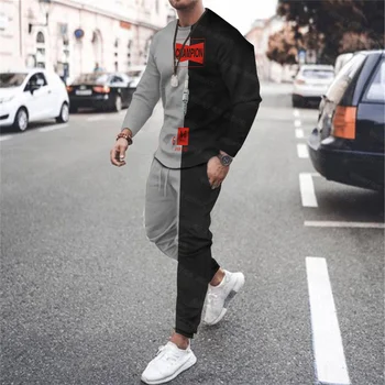 Yaz Yeni Sert Kaya 3d Vortex erkek uzun kollu tişört Moda Rahat Yuvarlak Boyun Pantolon Hip Hop Trend Büyük Boy Takım Elbise