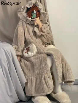 Kış Nightgowns Kadınlar Baggy Kalınlaşmak Rahat Sıcak Kawaii Giyim Kız Kapüşonlu Pijama Tatlı Ev Tasarımcı Cepler Uzun Kollu