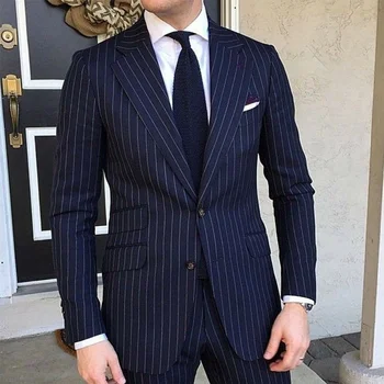2 Parça Pinstripe erkek Takım Elbise Slim Fit Resmi Düğün Smokin Çentikli Yaka Lacivert Çizgili İş Damat Erkek Moda