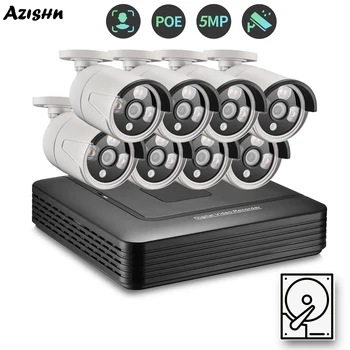 AZISHN H. 265 5MP HD CCTV Sistemi Yüz Algılama Açık su geçirmez kurşun Güvenlik IP Kamera 8CH POE NVR Video Gözetim Kiti
