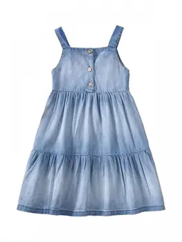 Yeni Bebek Kız Batik Denim Elbiseler Rahat Çocuk Yaz Kolsuz Kayış Kot Sundress Yürüyor Çocuk Prenses parti giysileri