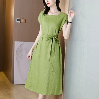 Pamuk Keten Rahat Ofis Bayan Midi Elbise Yaz Vintage Katı Rami Plaj Elbise 2022 Kadınlar Zarif Bodycon Parti Yeşil Vestido 0