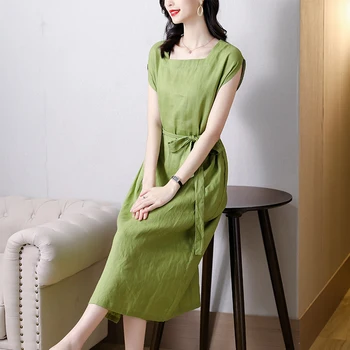 Pamuk Keten Rahat Ofis Bayan Midi Elbise Yaz Vintage Katı Rami Plaj Elbise 2022 Kadınlar Zarif Bodycon Parti Yeşil Vestido 1