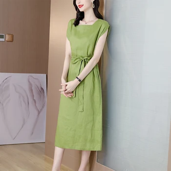 Pamuk Keten Rahat Ofis Bayan Midi Elbise Yaz Vintage Katı Rami Plaj Elbise 2022 Kadınlar Zarif Bodycon Parti Yeşil Vestido 2