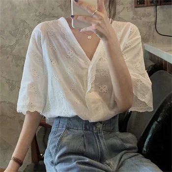 HziriP Beyaz Vintage Gömlek Tops Dantel V Yaka Kadın 2022 Zarif Gevşek Tüm Maç Moda Tatlı Kanca Çiçekler İş Elbisesi Yeni OL 2