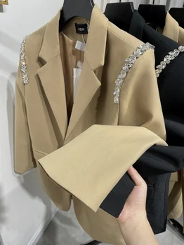 Kadınlar 2022 Yeni Moda kristal Kruvaze Blazers Ceket Vintage Uzun Kollu sonbahar kışlık ceketler 0