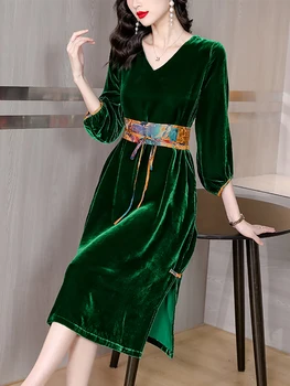 Sonbahar Kış Yeşil Kadife Kalın Sıcak Midi Elbise Kadınlar Zarif Bodycon rahat elbise 2022 Kore Moda V Yaka Parti gece elbisesi 2