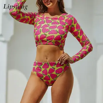 2023 Seksi Desen Baskı Backless İki Adet bikini seti Yeni O Boyun Uzun Kollu Mayo Kadınlar Geri Yay Dantel-up Beachwear Tankini