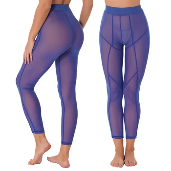 Kadınlar Egzotik Pantolon Şeffaf See-through Mesh Tayt Sıkı Yüksek Bel Düz Renk Siyah / Mavi dar pantolon Spor Clubwear