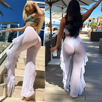 2022 Kadın şeffaf ağ Fırfır plaj pantolonları Mayo Plaj Cover up Şeffaf Pantolon Mujer Yüksek Bel Örgü plaj pantolonları