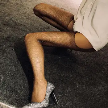 1 adet Seksi Erotik Iç Çamaşırı Çorap Kadın Rhinestone Fishnet Açık Crotch Mesh Sıkı Yüksek Külotlu Parti Kulübü Siyah Çorap