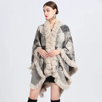 Kış Pelerin Palto Kadınlar İmitasyon Rex Tavşan Kürk Yaka Jakarlı Şal Pelerin Gevşek Boy Örgü Hırka Dış Giyim Bayan Panço 3