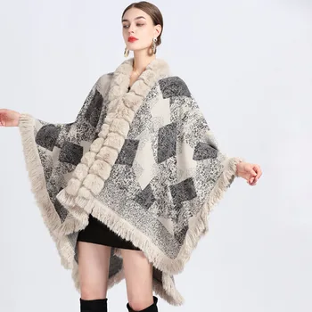 Kış Pelerin Palto Kadınlar İmitasyon Rex Tavşan Kürk Yaka Jakarlı Şal Pelerin Gevşek Boy Örgü Hırka Dış Giyim Bayan Panço 5