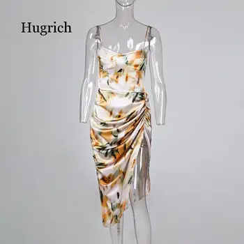 Baskı Spagetti Kayışı Yüksek Yarık Dantelli Elbise Zarif Kadın Kolsuz Yaz Şık Kısa Kulübü parti giysileri Elbiseler 2020 4
