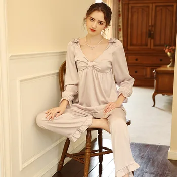 2022 Yeni Yaz Prenses Seksi V Yaka İpek Saten Pijama Seti Kadın Uzun Kollu Pijama Pijama Gecelik Pijama Mujer Ev Giysileri