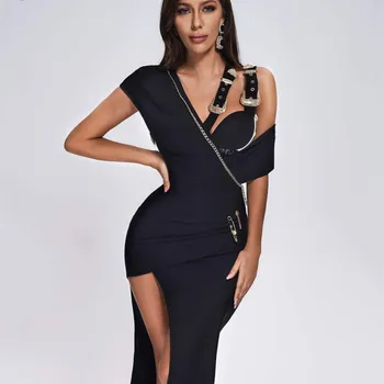 2022 Yeni Yaz Seksi Pullu V Boyun Pin Yüksek Yarık Bodycon Bandaj Midi Elbise Kadın Moda Tasarım Kulübü Parti Elbiseler