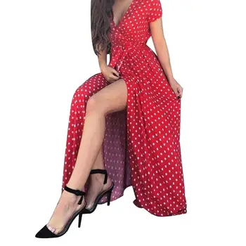 Yaz elbisesi Kadın Plaj Partisi Seksi Derin V Polka Dot Yarıklar Kısa Kollu Maxi Elbise Casual uzun elbise Kadın Giyim 2022 3
