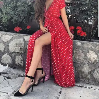 Yaz elbisesi Kadın Plaj Partisi Seksi Derin V Polka Dot Yarıklar Kısa Kollu Maxi Elbise Casual uzun elbise Kadın Giyim 2022 4