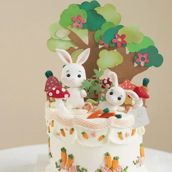 Yeşil Bitkiler Sevimli Tavşan Kek Topper Süsler Yaratıcı Sahneleri Mantar Havuç Pişirme Mutlu Doğum Günü Partisi Dekorasyon Malzemeleri