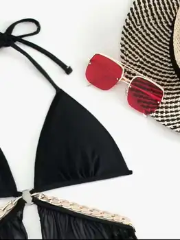 Seksi Siyah bikini seti İnce Üçgen Tek Parça Mayo Kadınlar See Through Bikini 2 Parça Set Kadın Zincir Viquinis Mujer 2022 1