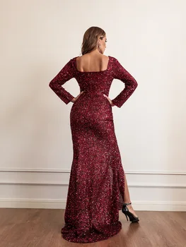 2022 Kadın V Yaka Uzun Kollu Payet Elbise Şık Abiye Parti Maxi Elbise Bayanlar Elbiseler Sondaki Vestidos 1