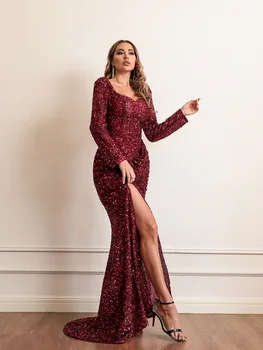 2022 Kadın V Yaka Uzun Kollu Payet Elbise Şık Abiye Parti Maxi Elbise Bayanlar Elbiseler Sondaki Vestidos 3