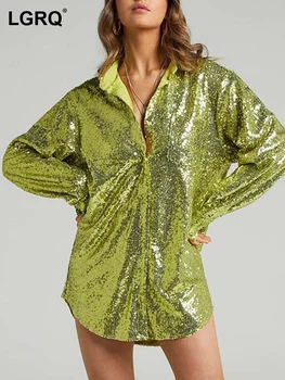 [LGRQ] kadın Yeşil Sequins Parti Bluz Yeni Yaka Uzun Kollu Gevşek Seksi Kulübü Glitter Gömlek Moda bahar ve yaz 19D7409 0