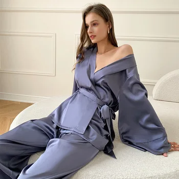 Düz Renk Pijama Kadınlar için Gevşek Hırka Lace Up bahar uzun kollu elbise Fransız Buz İpek Saten Ev Giysileri İnce Takım Elbise Pijama