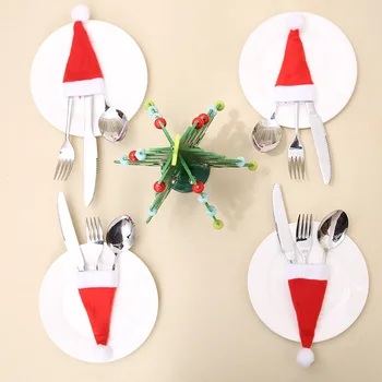 Noel Süsler Masa Ayarı Çatal Çanta Santa Şapka Çatal Çatal Bıçaklar Çatal Çanta Noel Ev Dekor 0