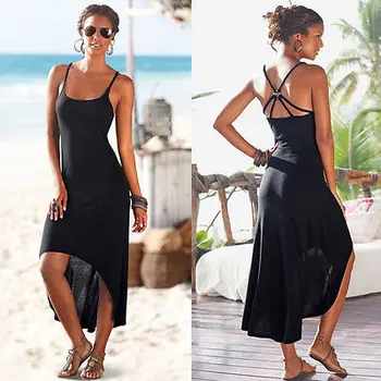 Seksi Kadın Siyah Plaj Elbise Yaz Kayış Düzensiz Parti Backless Plaj Maxi Elbise Elbise